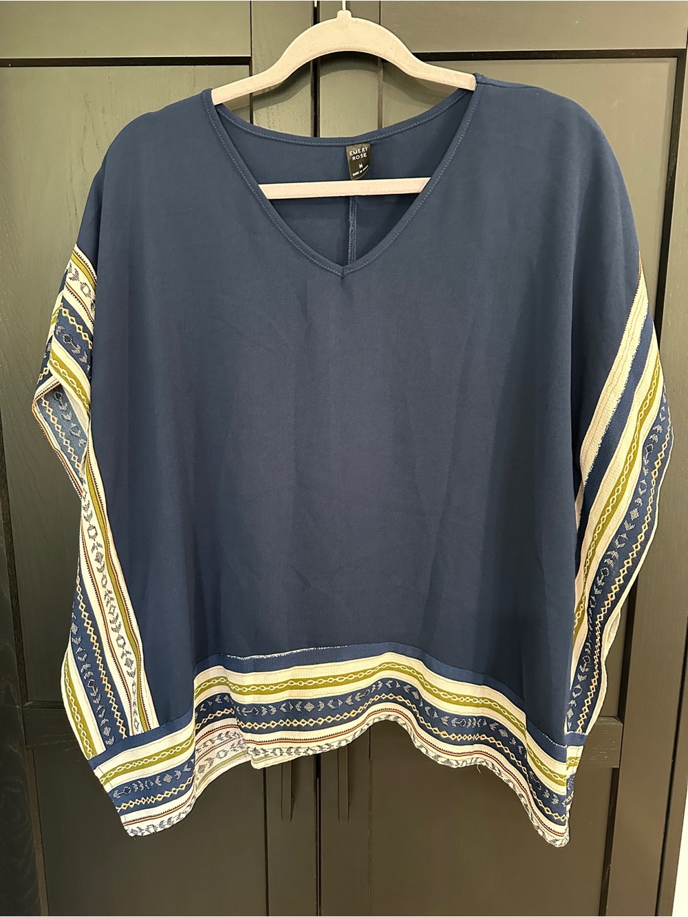 Relaxed Navy V-Neck Blouse with Printed Border